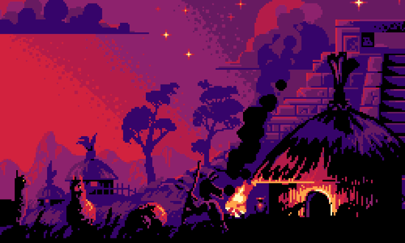 Logo do Recanto dos Sentimentos: vilarejo pixel art à luz de uma fogueira, sob um céu roxo estrelado